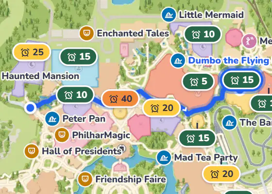 Map example: a blue walking route from Haunted Mansion to Dumbo, wait times over the rides, grey dots for restrooms and other facilities