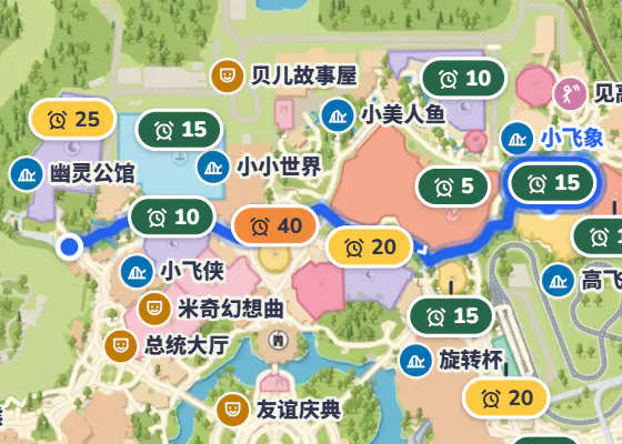 地图示例：从幽灵公馆走到小飞象的蓝色路线，项目上方是排队时间，灰点是洗手间等设施